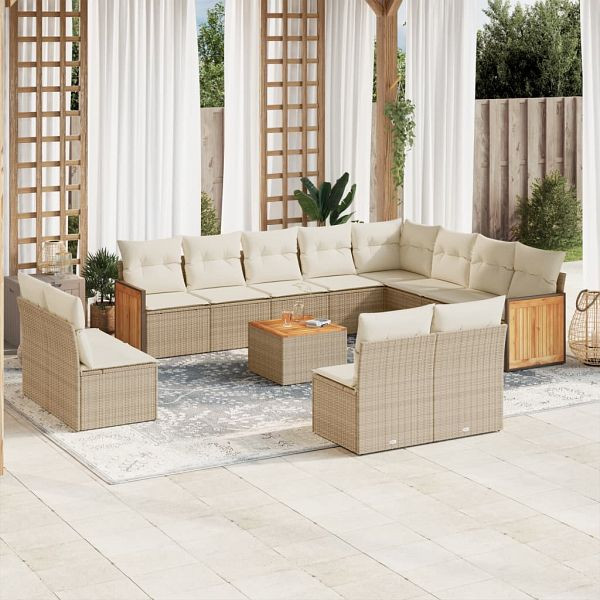vidaXL 13-teilig Garten-Sofagarnitur mit Kissen Beige Poly Rattan, 3260560