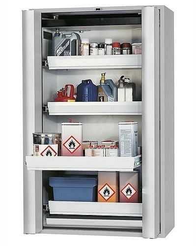 asecos Gefahrstoffschrank GF-1201.4 (one touch), 1200 mm, 4 Auszüge, Falttüren, grau, 3011900130147