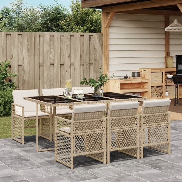 vidaXL 7-tlg. Garten-Essgruppe mit Kissen Beige Poly Rattan, 3210730
