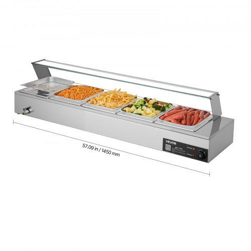 VEVOR Speisenwärmer mit Glasabdeckung & 5 Behälter (1/2-Größe), 1,5 kW Edelstahl Buffetwärmer für Restaurants & Partys, SYSPBWQ512FSYJRA5001V2