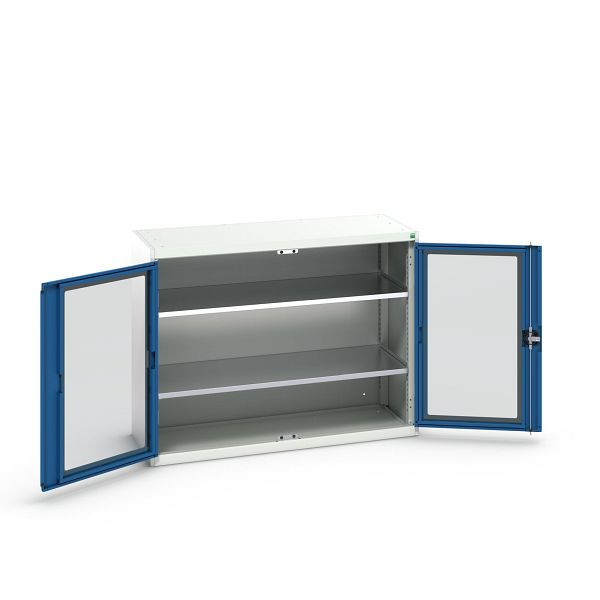 bott verso Flügeltürschrank mit Sichtfenster, mit 2 Fachböden, BxTxH: 1300 x 550 x 1000 mm, Lichtgrau / Enzianblau, 16926662.11