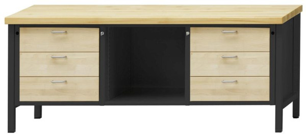 ANKE Werkbänke Kastenwerkbank; 2000x700x890mm; Buche-Massiv-Platte 40mm; Links 3 Schubladen; Mitte Fach offen; Rechts 3 Schubladen 180 mm, 310.205
