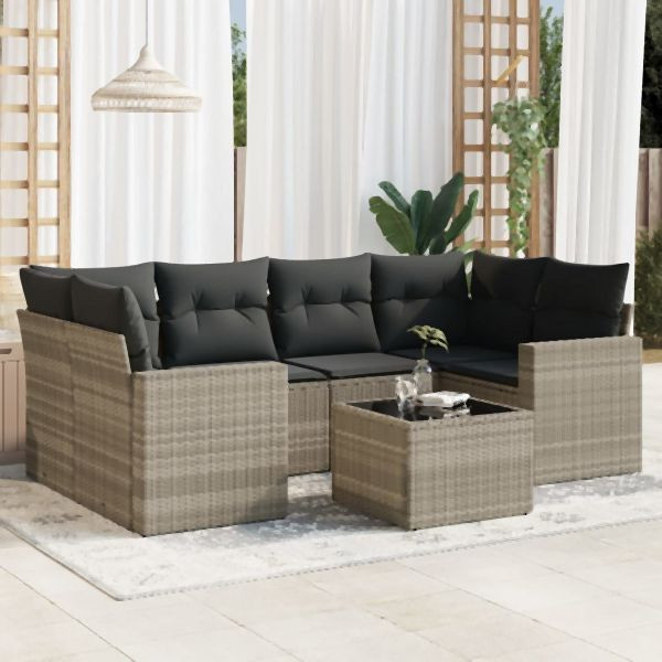 vidaXL 7-tlg. Garten-Sofagarnitur mit Kissen Hellgrau Poly Rattan, 3251059