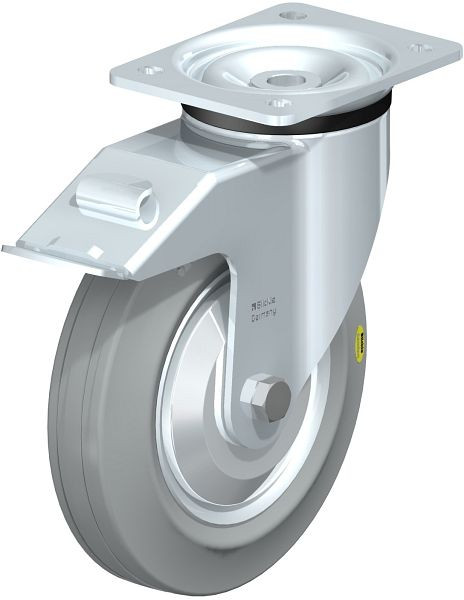 Blickle LK-RD 200K-FI-VLI-FA Stahlblech-Lenkrolle, schwere Ausführung, mit Anschraubplatte & Feststeller, Zweikomponenten-Vollgummi, Grau, 750472