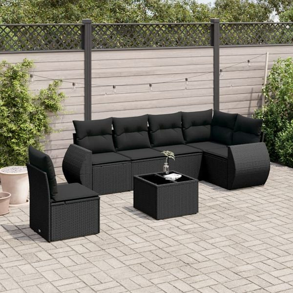 vidaXL 7-teilig Garten-Sofagarnitur mit Kissen Schwarz Poly Rattan, 3253772
