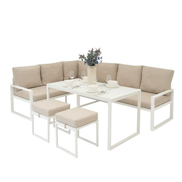 Monster Aluminium 5-teiliges Ecksofa-Set mit schwarzer Rattan-Aufbewahrungsbox, Weiß, 215703