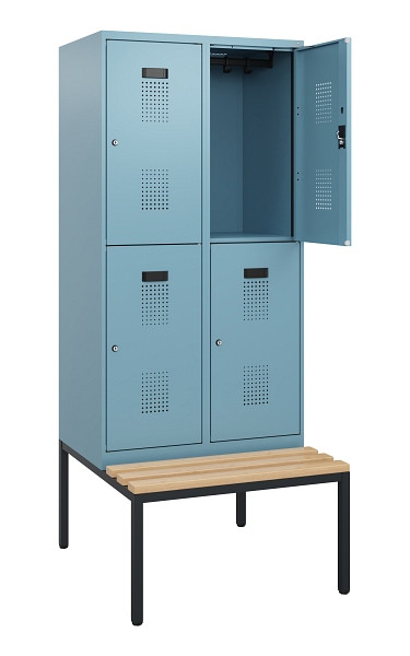 C+P Doppelstöckiger Spind Evolo PLUS, Bank, 4 Fächer, 1950x800x815mm, 0010/0010, Zylinderschloss, Sitzfläche Buche-Hartholz, Sitzbank, 0493505-22 S10058