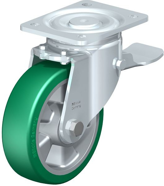 Blickle LH-ALST 160K-ST Stahlblech-Lenkrolle, Schwerlast-Ausführung, mit Anschraubplatte & Feststeller, Blickle Softhane®, Grün, 618447