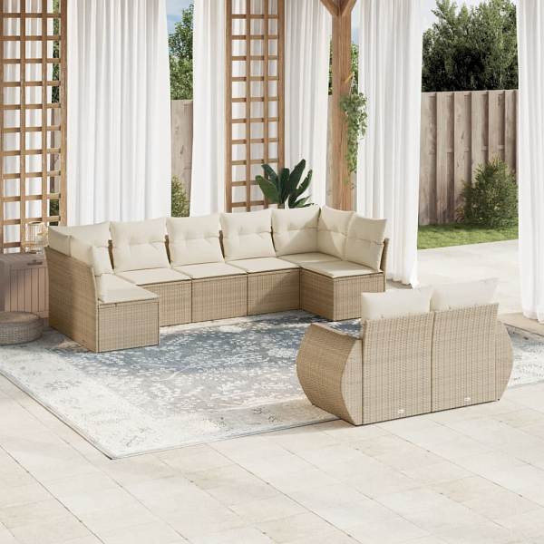 vidaXL 9-tlg. Garten-Sofagarnitur mit Kissen Beige Poly Rattan, UV-beständig, 3221817
