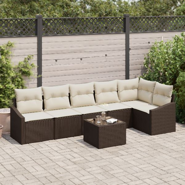 vidaXL Garten-Sofa-Set 7-teilig Braun, Creme Rattan, Polyester, 3355417