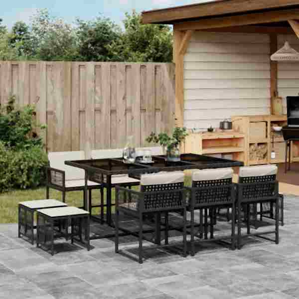 vidaXL 11-tlg. Garten-Essgruppe mit Kissen Schwarz Poly Rattan, UV-beständig, 3211506