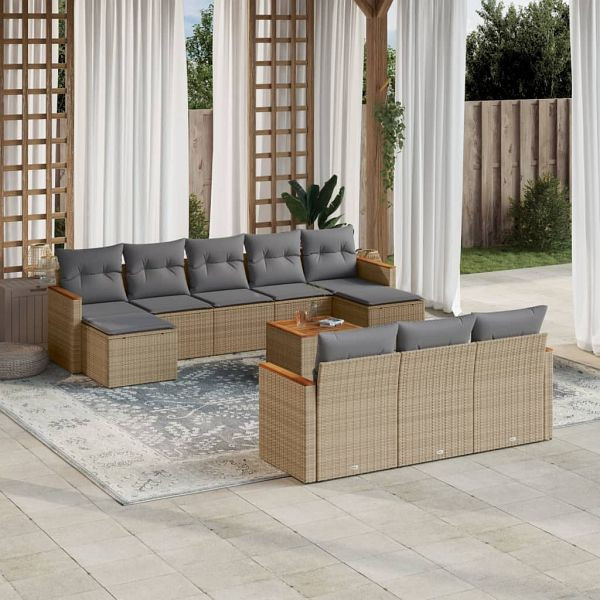 vidaXL 11-tlg. Garten-Sofagarnitur mit Kissen Beige Poly Rattan, 3258825
