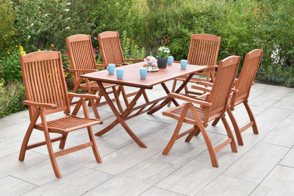 Merxx Maracaibo Set 7-teilig, 6 Maracaibo Klappsessel, Rückenlehne 5-fach verstellbar, 1 Klapptisch, 160 x 90 cm, FSC Eukalyptus, 50037-011