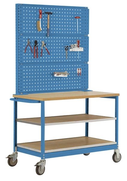 Manuflex Mobile Werkbank Modell 3 mit geölter Multiplex-Abdeckplatte 30 mm BxTxH 1135 x 590 x 810 mm, lichtblau, MW2011.5012