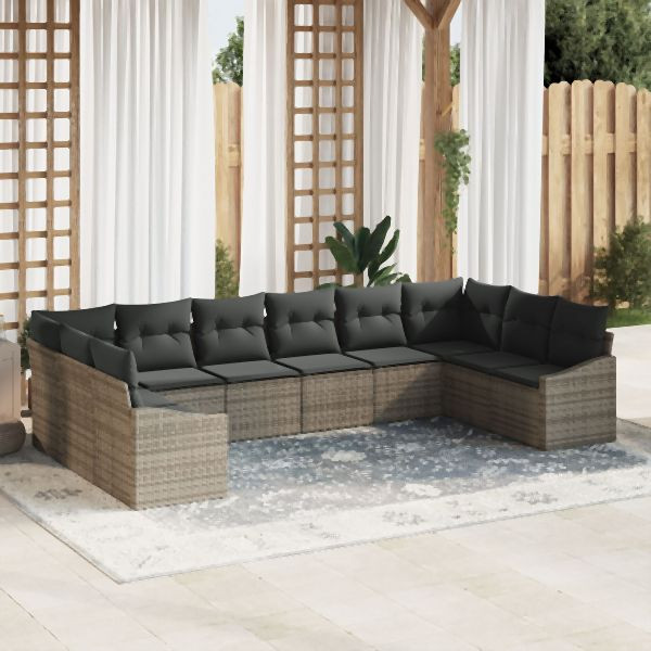 vidaXL 10-teiliges Garten-Essenset mit Kissen Grau Poly Rattan, 3355568