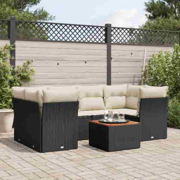 vidaXL 7-tlg. Garten-Sofagarnitur mit Kissen Schwarz Poly Rattan, UV-beständig, 3255825