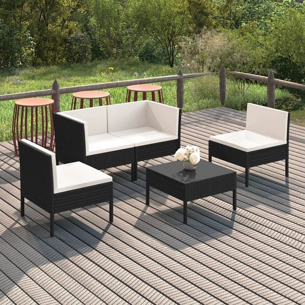 vidaXL 5-teilig Garten-Lounge-Set mit Auflagen Poly Rattan Schwarz, 3094340