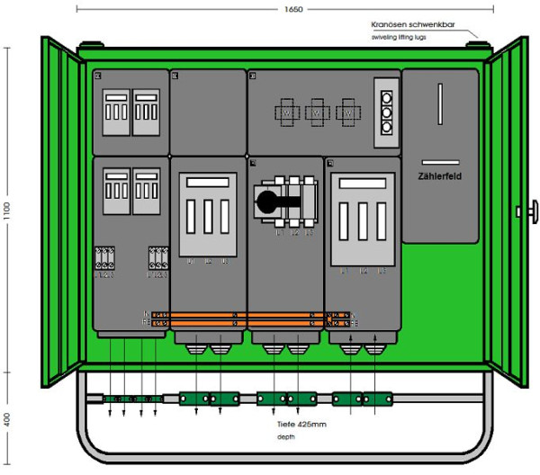 Elektra Tailfingen Anschlussschrank 277 kVA mit Wandlermessung mit 6 NH Abgängen, A 400-1Z-41AB, 183290