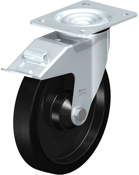 Blickle LE-POEV 201K-FI Stahlblech-Lenkrolle mit Anschraubplatte & Feststeller, Elastik-Vollgummi, Schwarz, 754473