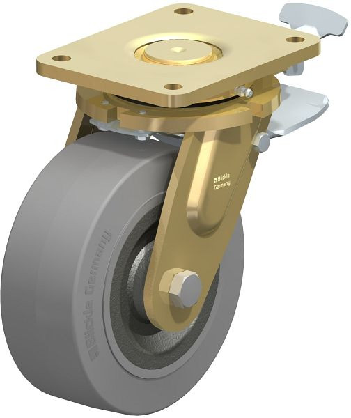 Blickle LS-SE 202K-ST-SG-RI4 Stahlgeschweißte Schwerlast-Lenkrolle, schwere Drehkranz-Ausführung mit Feststeller, Elastik-Vollgummi, Grau, 852123