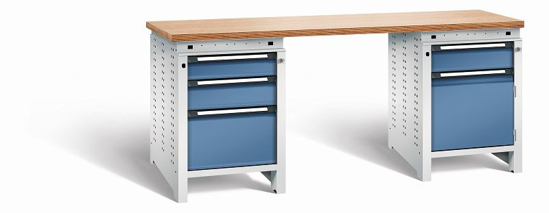 Otto Kind Werkbank Serie function Typ 303, Multiplexplatte 40 mm, bündig, 2x Unterbau + mittleres Feld, Gehäuse RAL 7035, Front RAL 5023, 072358164