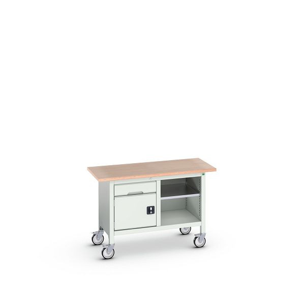 bott verso mobile Kastenwerkbank (Multiplex) mit 1 Schublade, 1 Tür und 1 Ablageboden, BxTxH: 1250 x 600 x 830 mm, Lichtgrau / Lichtgrau, 16923200.16