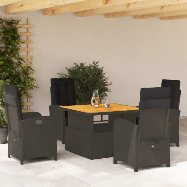 vidaXL 5-tlg. Garten-Essgruppe mit Kissen Schwarz Poly Rattan, UV-beständig, 3277330
