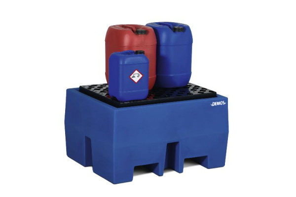 DENIOS Auffangwanne aus Polyethylen (PE) für 1 Fass à 200 Liter, 760 x 910 x 525 mm, mit Gitterrost, 328295