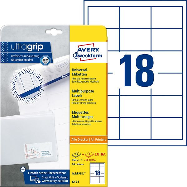 AVERY Zweckform 6171 Universal-Etiketten ultragrip, 64 x 45 mm, weiß, 540 Etiketten, permanent, 6171