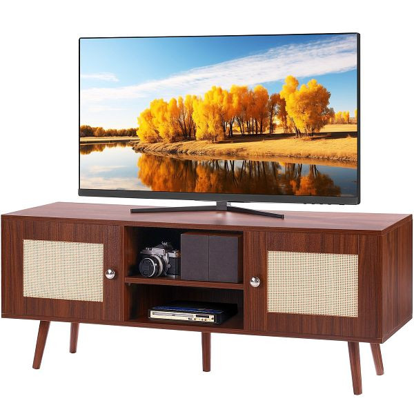 VEVOR Rattan-TV-Ständer, für 140 cm Fernseher, Retro-TV-Ständer, Rattan-TV-Konsole mit verstellbaren Regalen & 2 Türen, Walnuss, TBDSJ47INHTMOXPGTV0