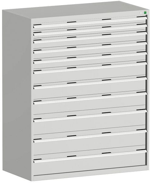 bott cubio Schubladenschrank bestückt mit 11 Schwerlastschubladen BxTxH: 1300 x 750 x 1600 mm, RAL 7035, 40030030.16V