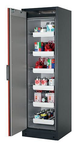 asecos Feuerbeständiger Gefahrstoffschrank Select W-66L, 6 Auszugswannen, Tür rot (links), 201030