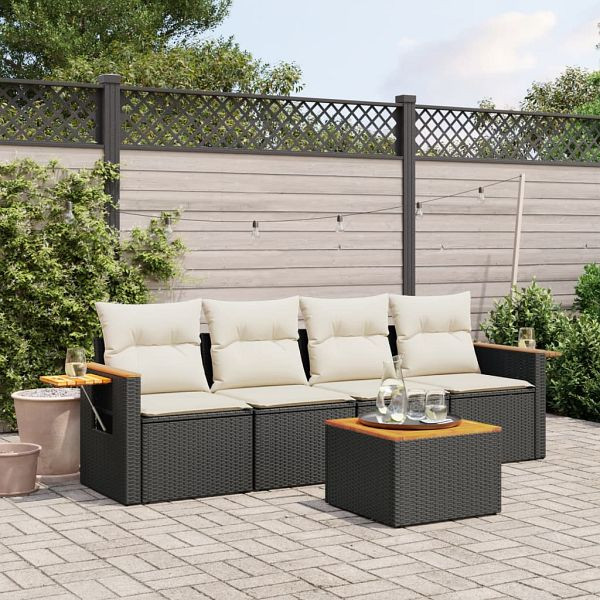 vidaXL 5-teilig Garten-Sofagarnitur mit Kissen Schwarz Poly Rattan, 3259018