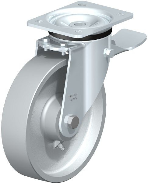 Blickle LK-G 200K-ST Stahlblech-Lenkrolle, schwere Ausführung, mit Anschraubplatte & Feststeller, Guss, Grau, 14076