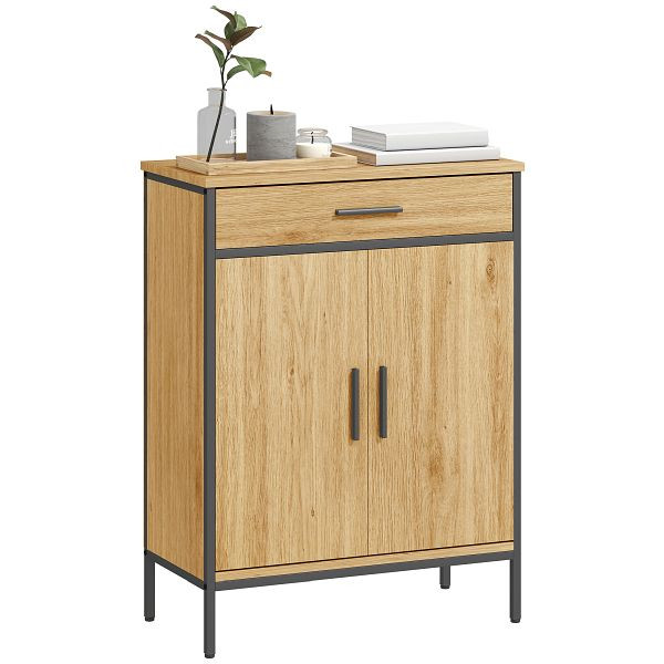 HOMCOM Badezimmerschrank, zweistufige Regale, große Schublade, Industriestil, Eichenoptik, 834-836V90AK