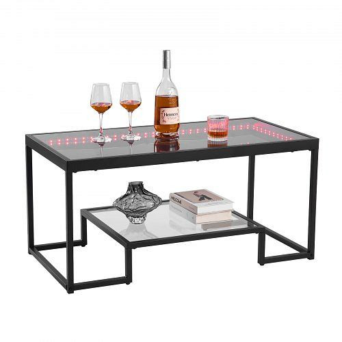 VEVOR Couchtisch aus gehärtetem Glas mit Beleuchtung, 2 Ebenen & Stauraum, 100 x 51 x 48 cm, Schwarz, JSKFZKFSSNJS7YG2I001V9
