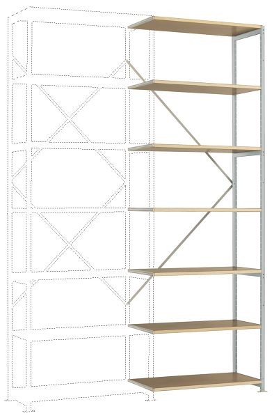 Manuflex Mittelschweres Fachboden-Steckregal Anbauregal mit 7 Holzverbundböden, HxBxT = 3000 x 1000 x 600 mm, lichtgrau, RP1708.7035