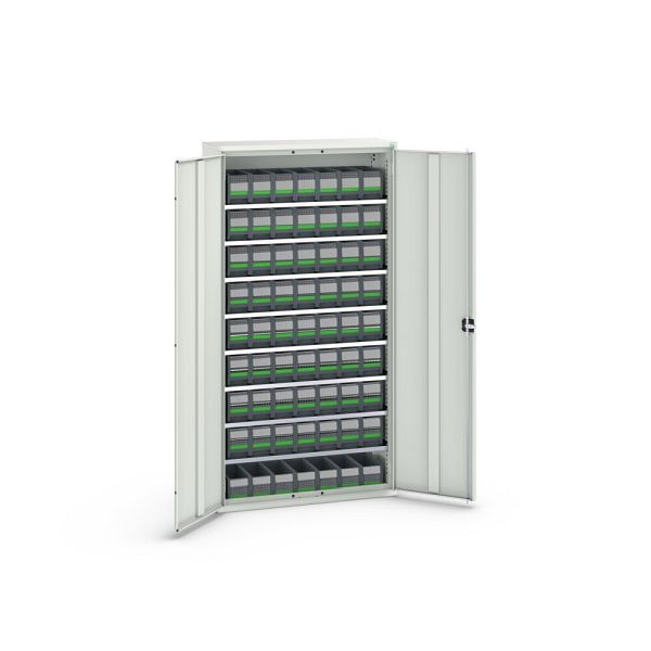 bott verso Magazinschrank, mit 8 Fachböden und 63 bottBoxen, BxTxH: 1050x350x2000mm, Lichtgrau, 16926507.16