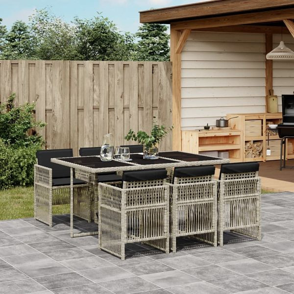 vidaXL 7-teilig Garten-Essgruppe mit Kissen Hellgrau Poly Rattan, 3210911