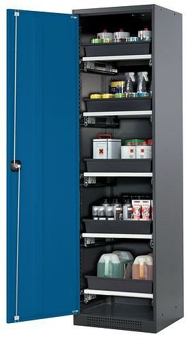asecos Chemikalienschrank Systema-T CS-55L, Korpus anthrazit, Flügeltüren blau, 5 Tablarauszüge, 208949