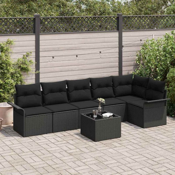vidaXL Garten-Sofa-Set mit Kissen, 7er Set, Schwarz Poly Rattan, 3354062