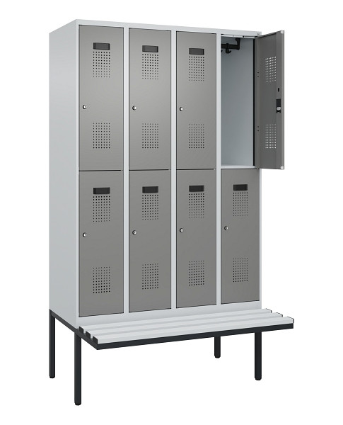 C+P Doppelstock-Spind Evolo PLUS, Bank, 8 Fächer, 2120x1200x815mm, 7035/0004, Zylinderschloss, Sitzfläche Kunststoff, 0493407-40 S10122