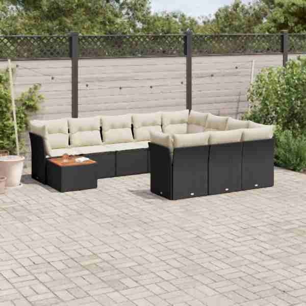 vidaXL 11-tlg. Garten-Sofagarnitur mit Kissen Schwarz Poly Rattan, UV-beständig, 3223844