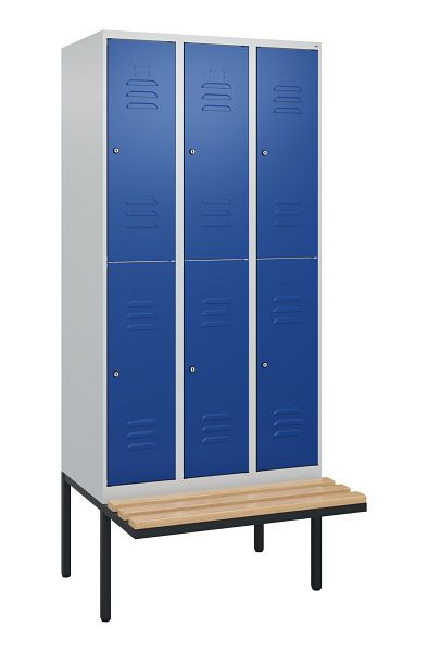 C+P Doppelstöckiger Spind Classic PLUS, 3 Abteile, 2120x900x815mm, 7035/5010, Zylinderschlösser, Buche-Sitzleisten, Sitzfläche, 0803407-30 S10093