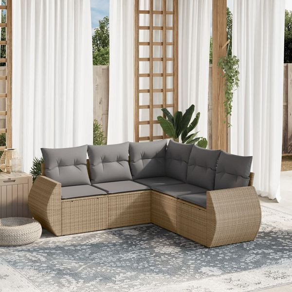 vidaXL 5-teilig Garten-Sofagarnitur mit Kissen Beige Poly Rattan, 3253686