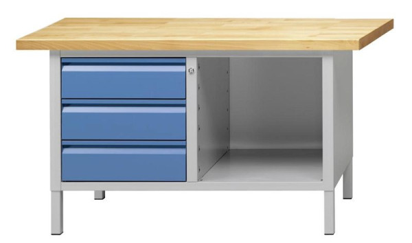 ANKE Werkbänke Kastenwerkbank; 1500 x 700 x 850 mm; RAL 7035/5012; Buche-Massiv-Platte 50 mm; Links 3 Schubladen 170 mm; Rechts offenes Fach, 510.001
