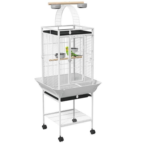 PawHut Vogelkäfig, Papageienkäfig mit 3 Türen, 2 Sitzstange, 360° Rollen, Futternapf, Ablage, Freisitz, 62,5x62,5x156cm, Weiß, D10-068V00WT