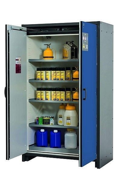 asecos Sicherheitsschrank Q-CLASSIC-30, Q30.195.116 in enzianblau RAL 5010 mit 4x Fachboden (Edelstahl), 31003-067-30009