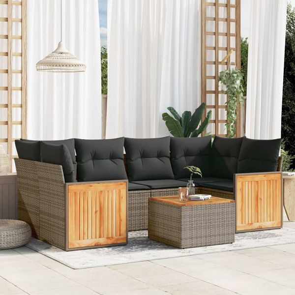 vidaXL 7-teilig Garten-Sofagarnitur mit Kissen Grau Poly Rattan, 3259883