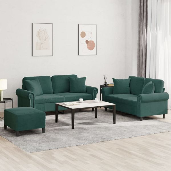 vidaXL 3-teilig Sofagarnitur mit Kissen Dunkelgrün Samt, 3202242